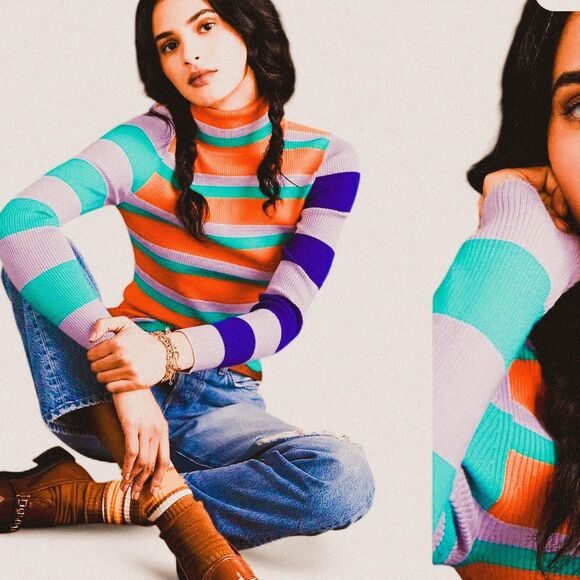 Maeve Sweaters - Maeve Pink orange colorful Retro Striped Rib Knit Turtleneck XS Cottagecore